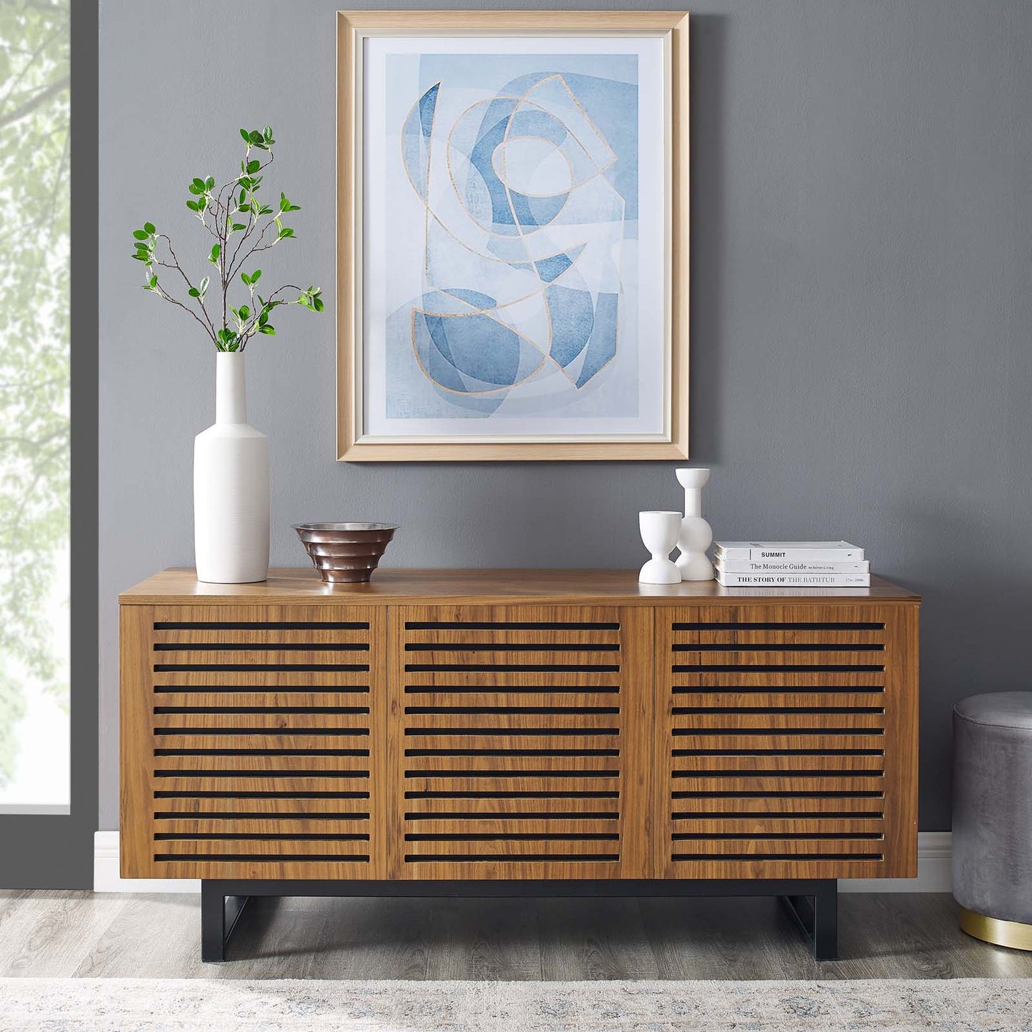 Parker 55" TV Stand, Wood, Metal Steel, Brown Walnut, 23295