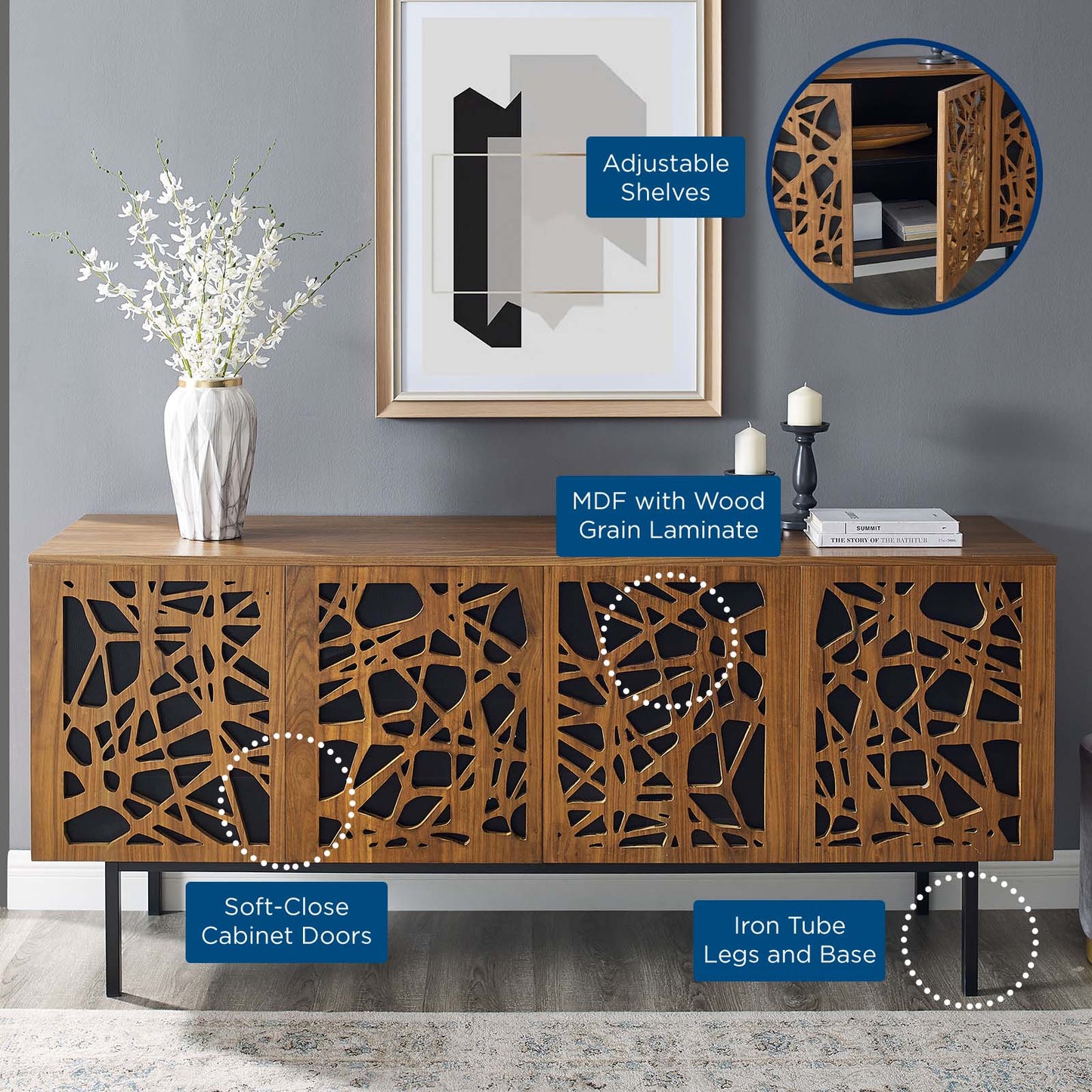 Telluride 73" TV Stand, Wood, Metal Steel, Brown Walnut, 23298
