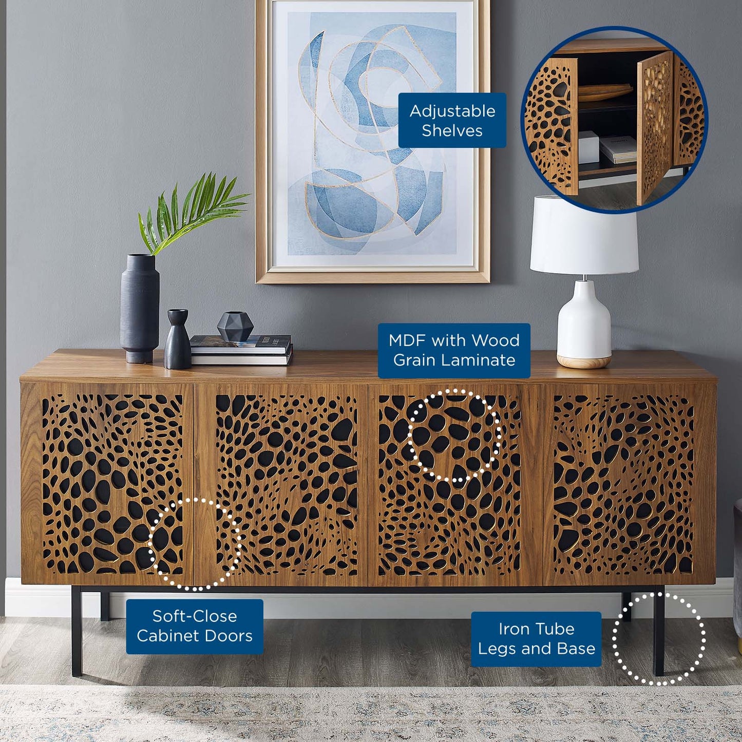 Yosemite 73" TV Stand, Wood, Metal Steel, Brown Walnut, 23299