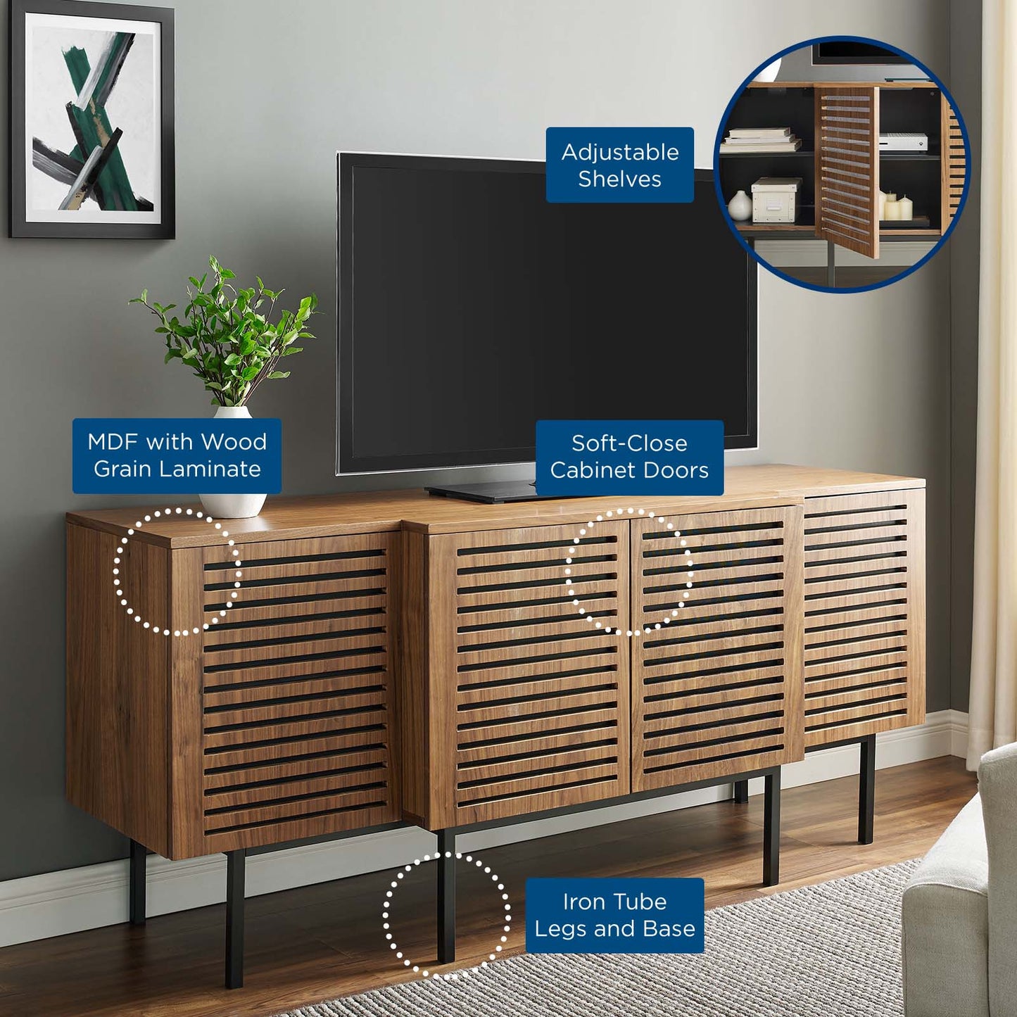 Parker Sideboard, Wood, Metal Steel, Brown Walnut, 23300