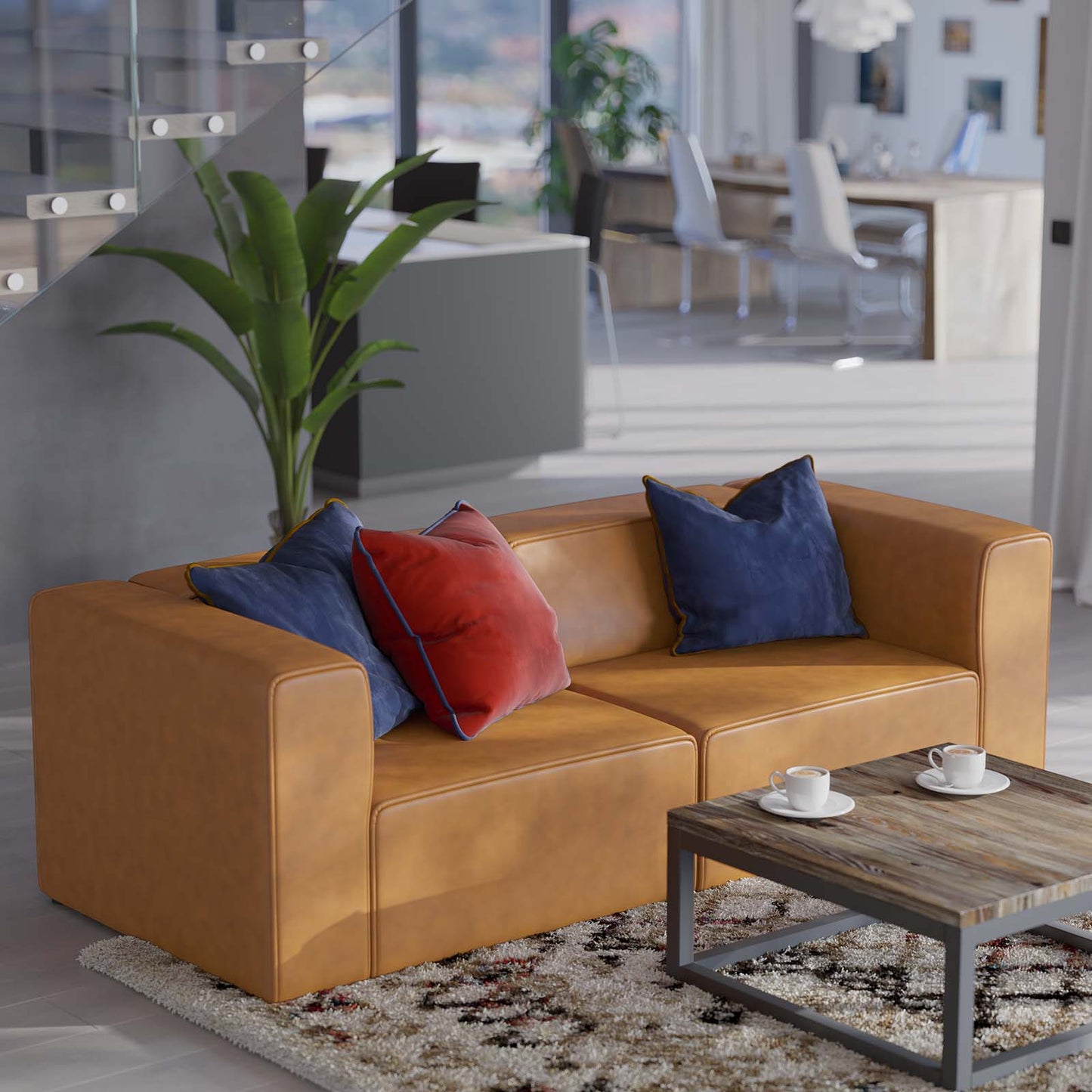 Mingle Vegan Leather 2-Piece Sectional Sofa Loveseat, Faux Vegan Leather, Tan, 20527