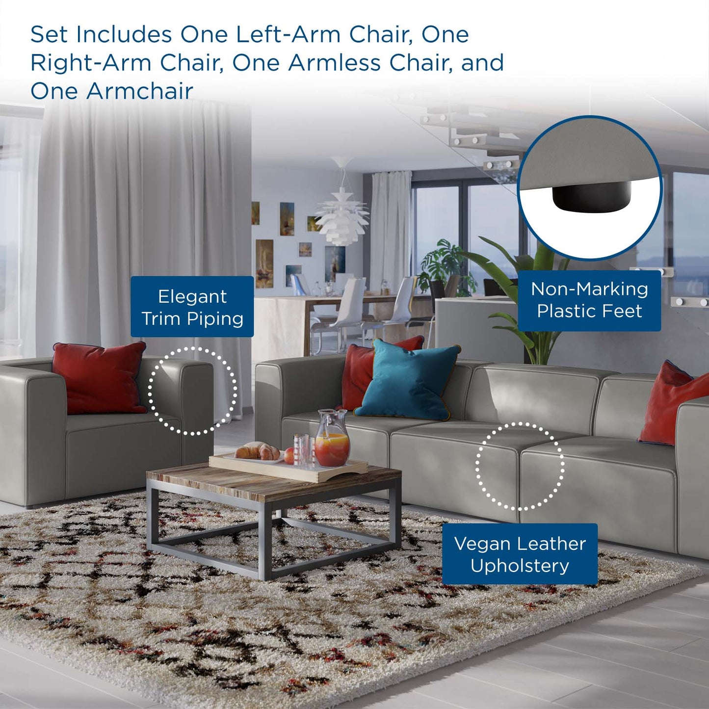 Mingle Vegan Leather Sofa and Armchair Set, Faux Vegan Leather, Grey Gray, 20535