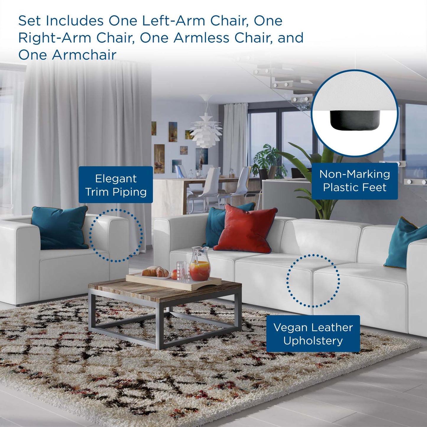 Mingle Vegan Leather Sofa and Armchair Set, Faux Vegan Leather, White, 20537