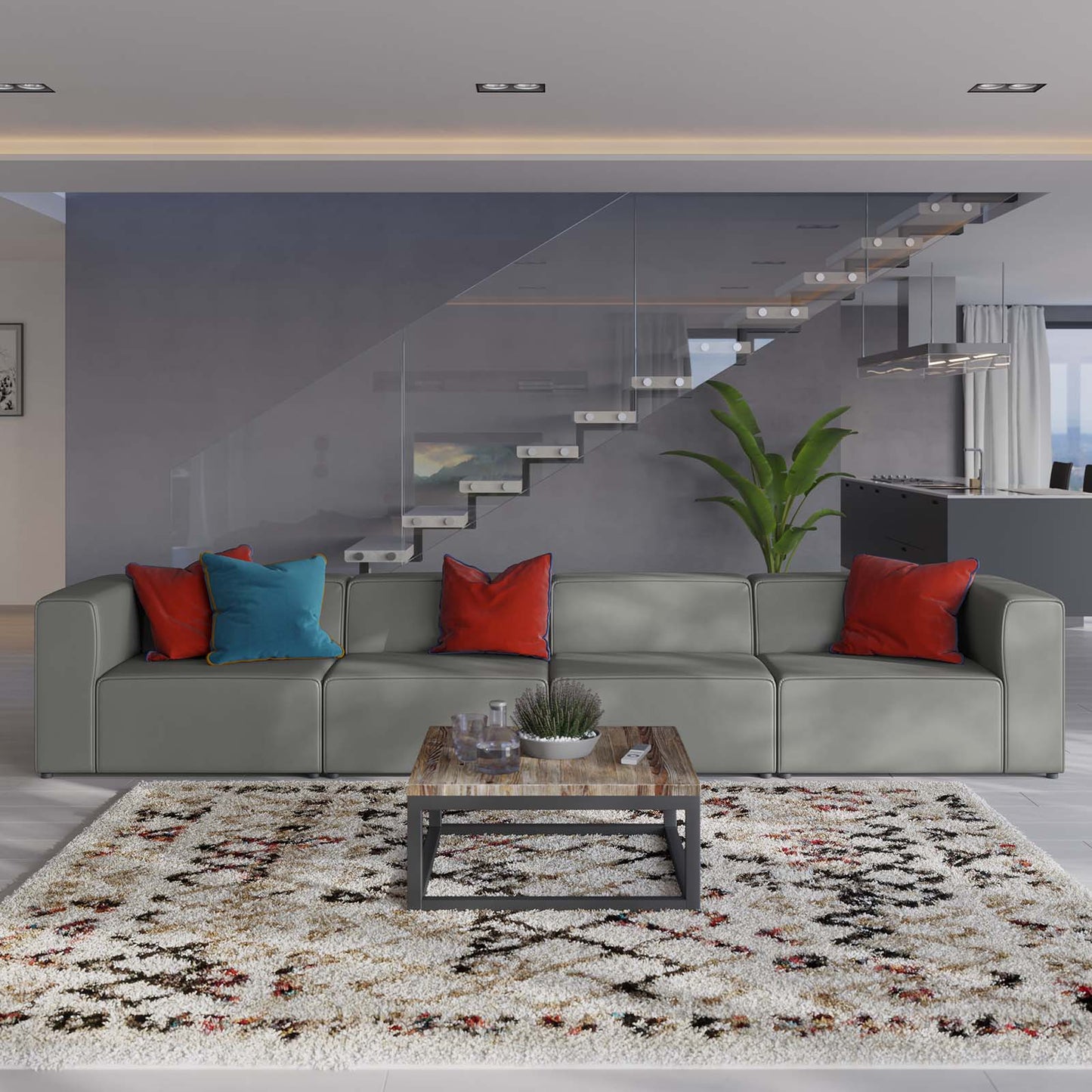 Mingle Vegan Leather 4-Piece Sectional Sofa, Faux Vegan Leather, Grey Gray, 20538