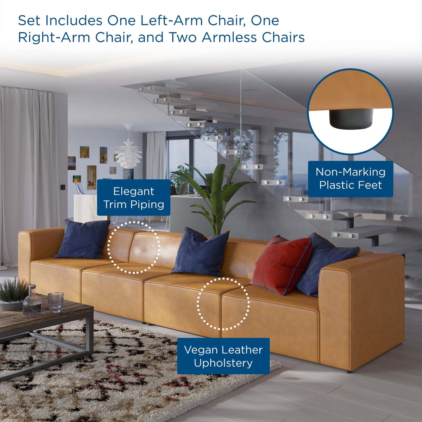 Mingle Vegan Leather 4-Piece Sectional Sofa, Faux Vegan Leather, Tan, 20539