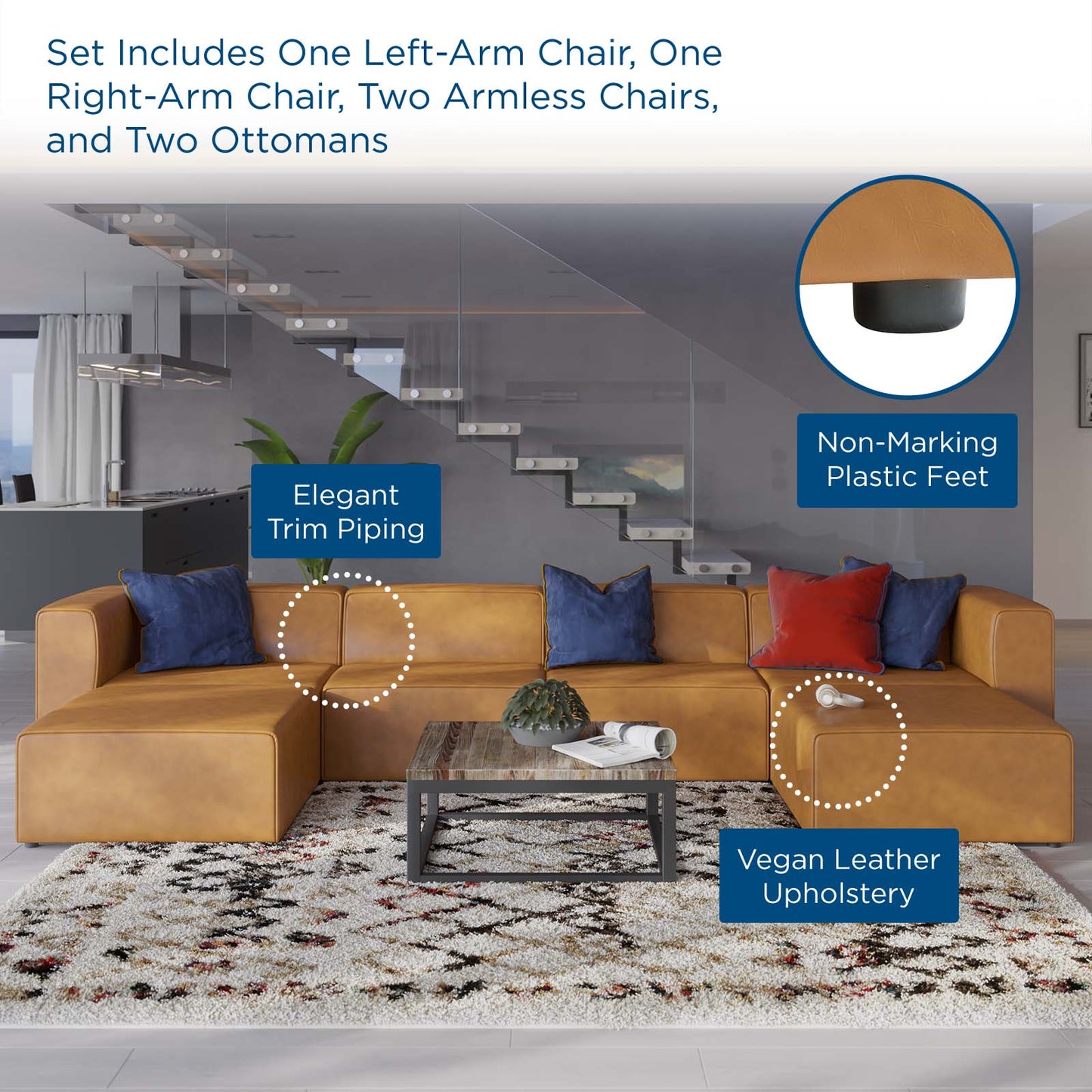 Mingle Vegan Leather 4-Piece Sofa and 2 Ottomans Set, Faux Vegan Leather, Tan, 20542