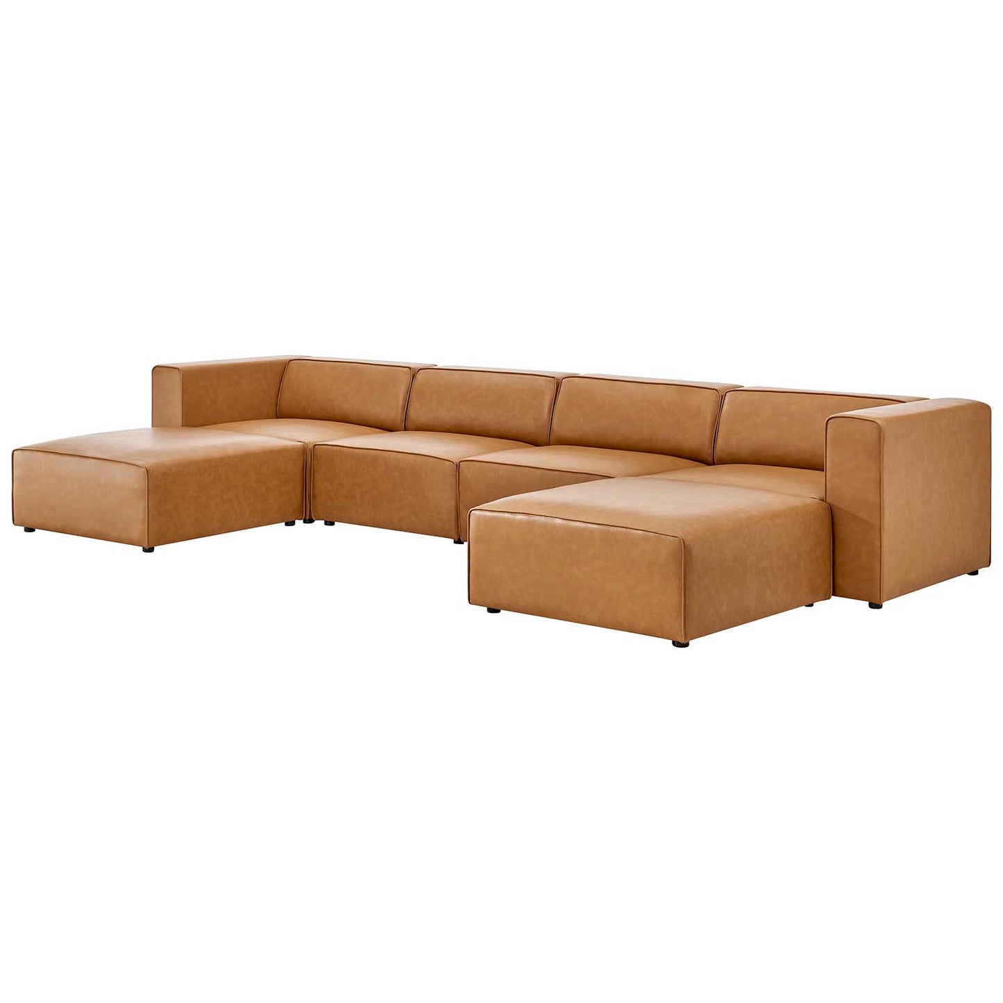 Mingle Vegan Leather 4-Piece Sofa and 2 Ottomans Set, Faux Vegan Leather, Tan, 20542