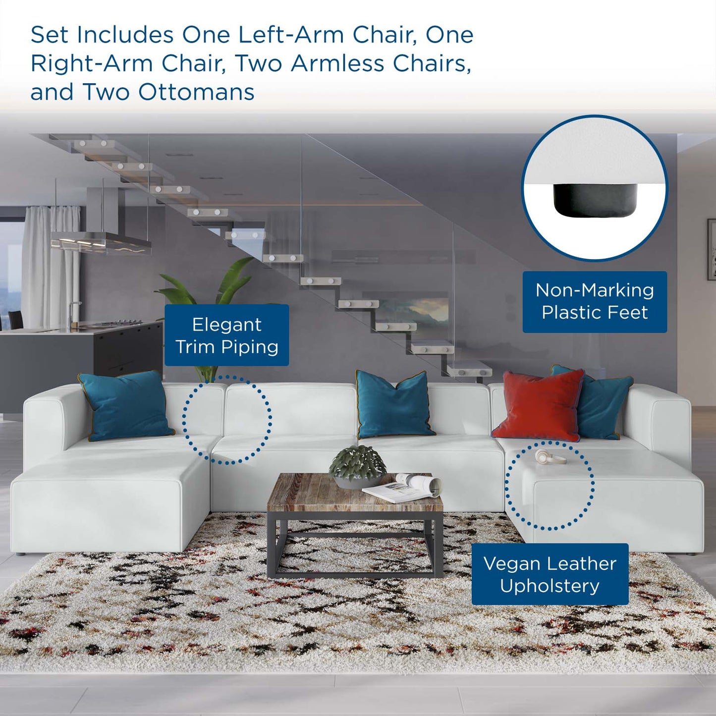Mingle Vegan Leather 4-Piece Sofa and 2 Ottomans Set, Faux Vegan Leather, White, 20543