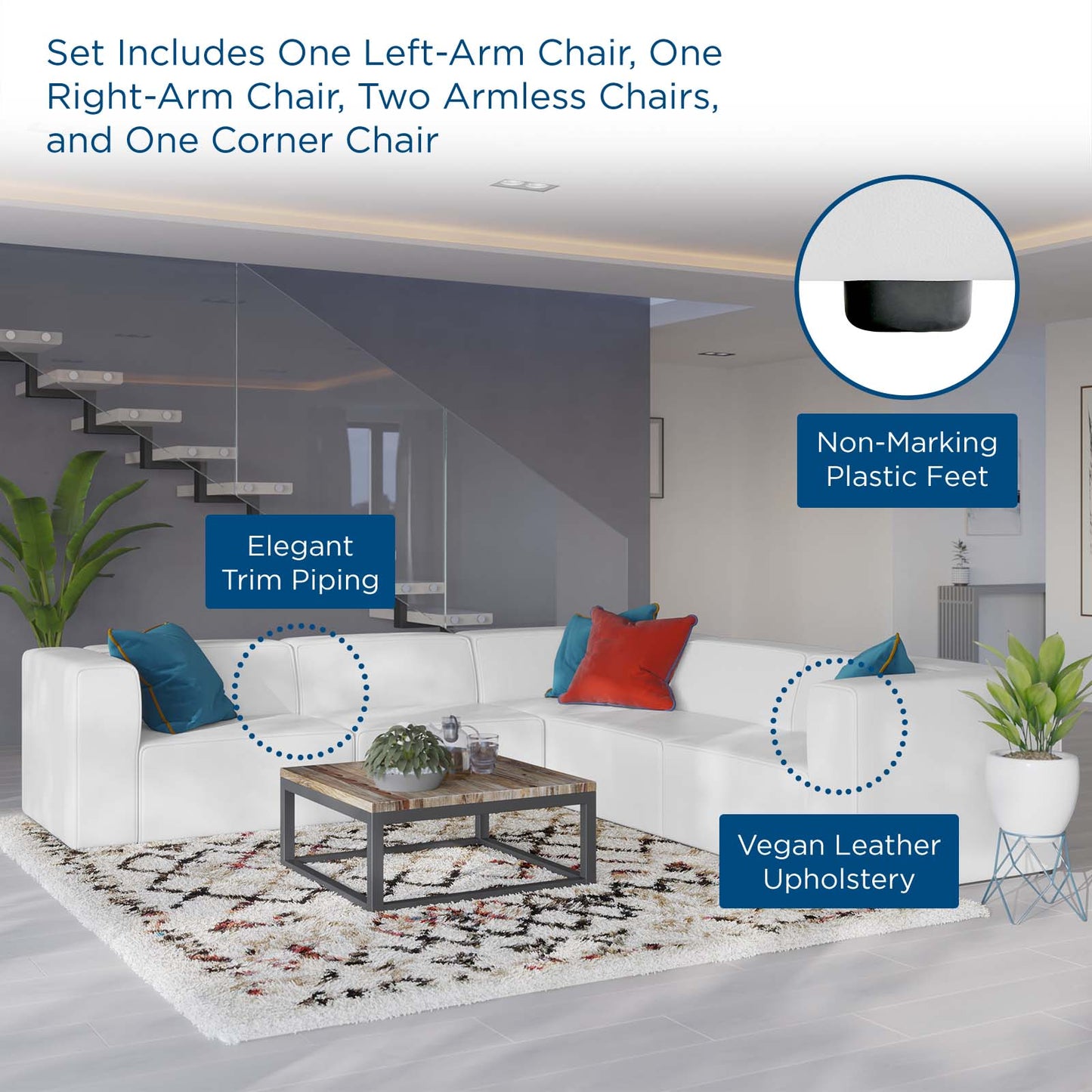 Mingle Vegan Leather 5-Piece Sectional Sofa, Faux Vegan Leather, White, 20546