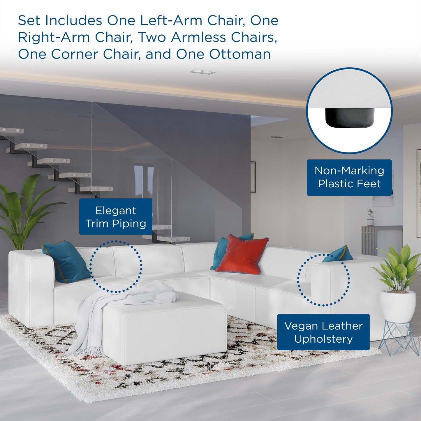 Mingle Vegan Leather 7-Piece Furniture Set, Faux Vegan Leather, White, 20549