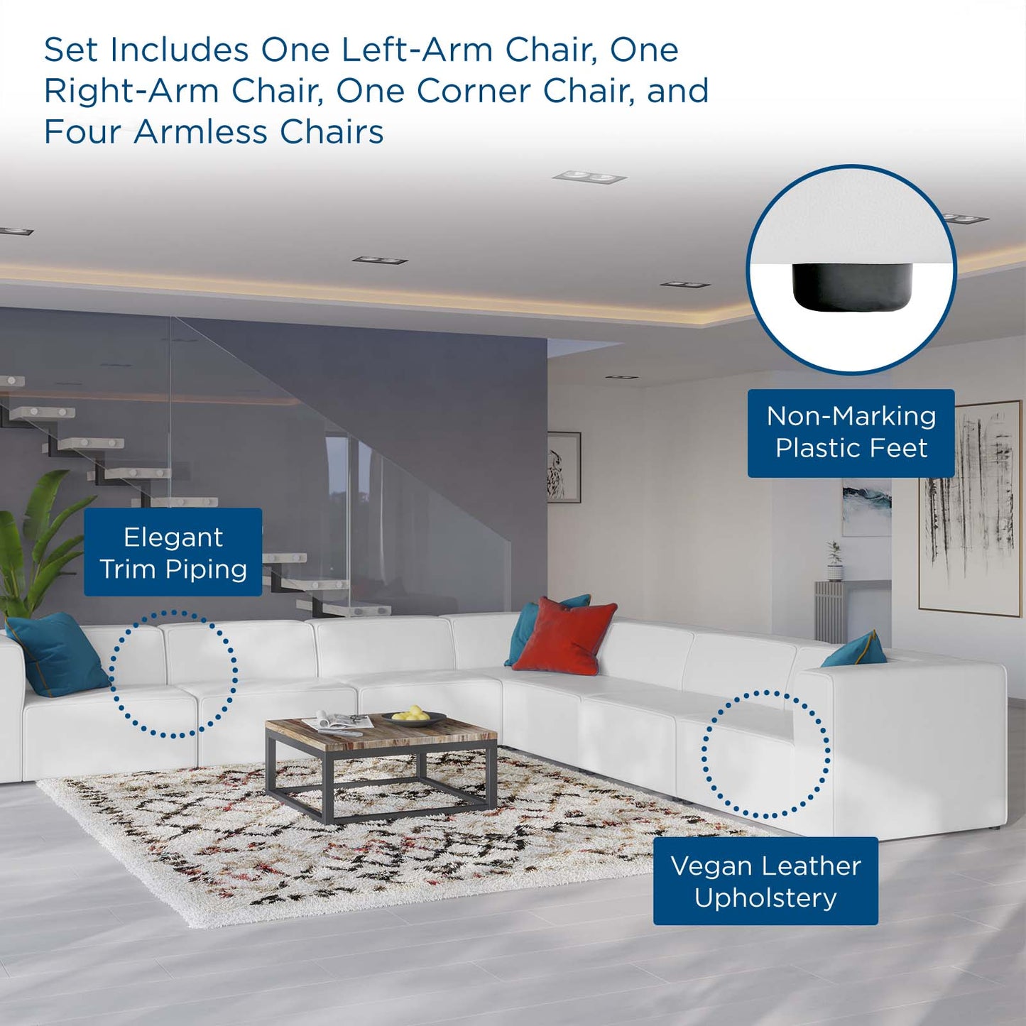 Mingle Vegan Leather 7-Piece Sectional Sofa, Faux Vegan Leather, White, 20555