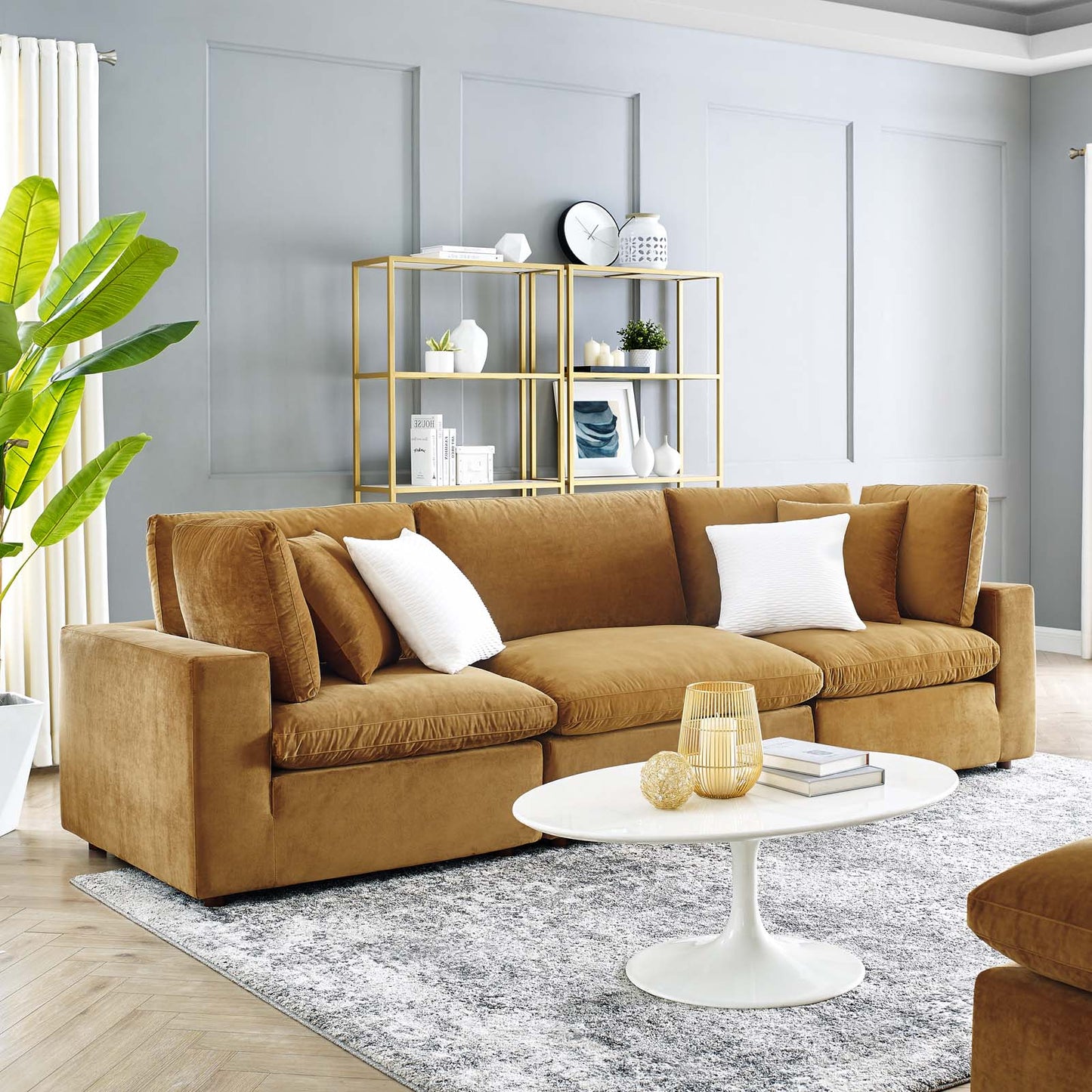 Commix Down Filled Overstuffed Performance Velvet 3-Seater Sofa, Velvet, Brown, 20566