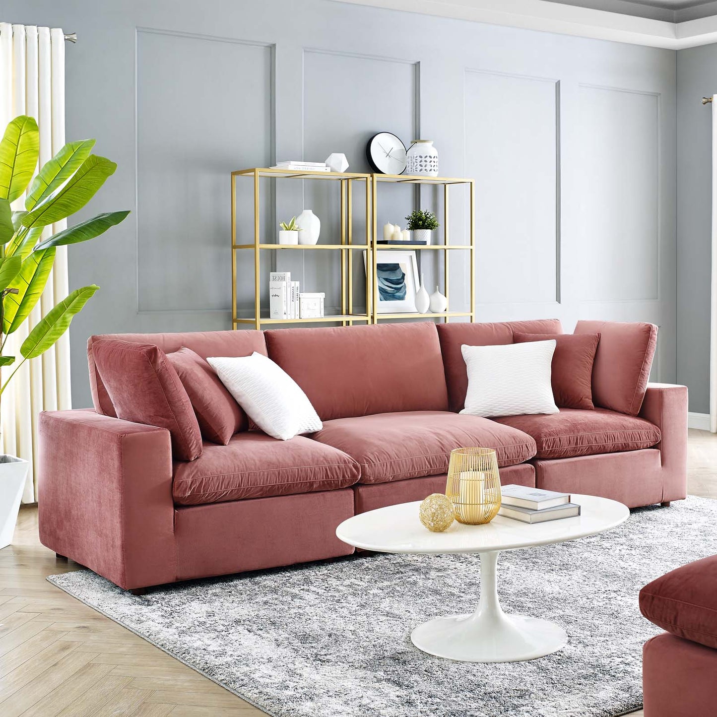 Commix Down Filled Overstuffed Performance Velvet 3-Seater Sofa, Velvet, Pink, 20567
