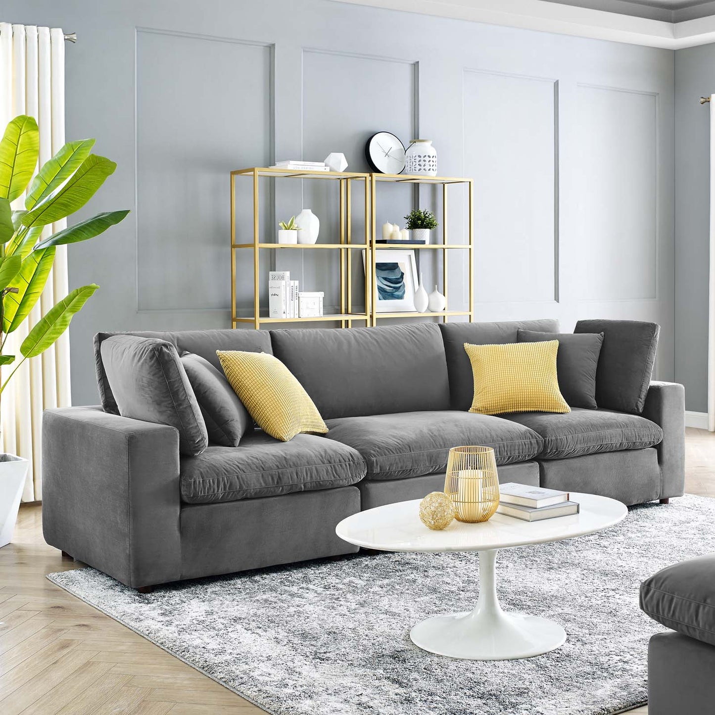 Commix Down Filled Overstuffed Performance Velvet 3-Seater Sofa, Velvet, Grey Gray, 20569