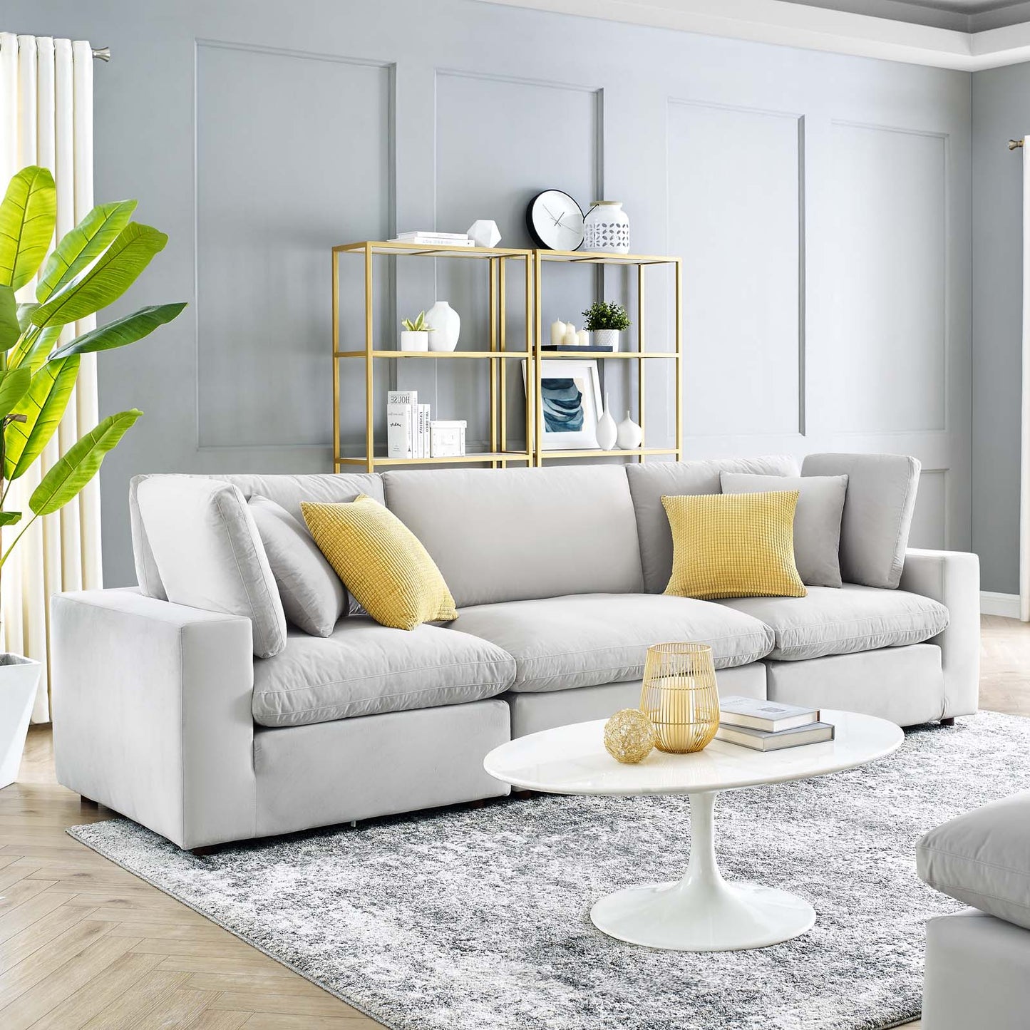 Commix Down Filled Overstuffed Performance Velvet 3-Seater Sofa, Velvet, Light Grey Gray, 20570