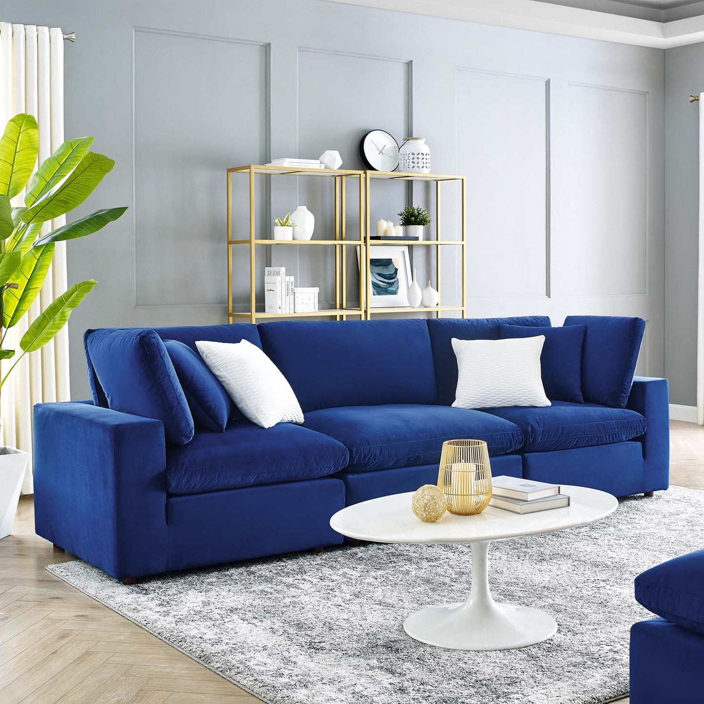 Commix Down Filled Overstuffed Performance Velvet 3-Seater Sofa, Velvet, Blue Navy, 20571