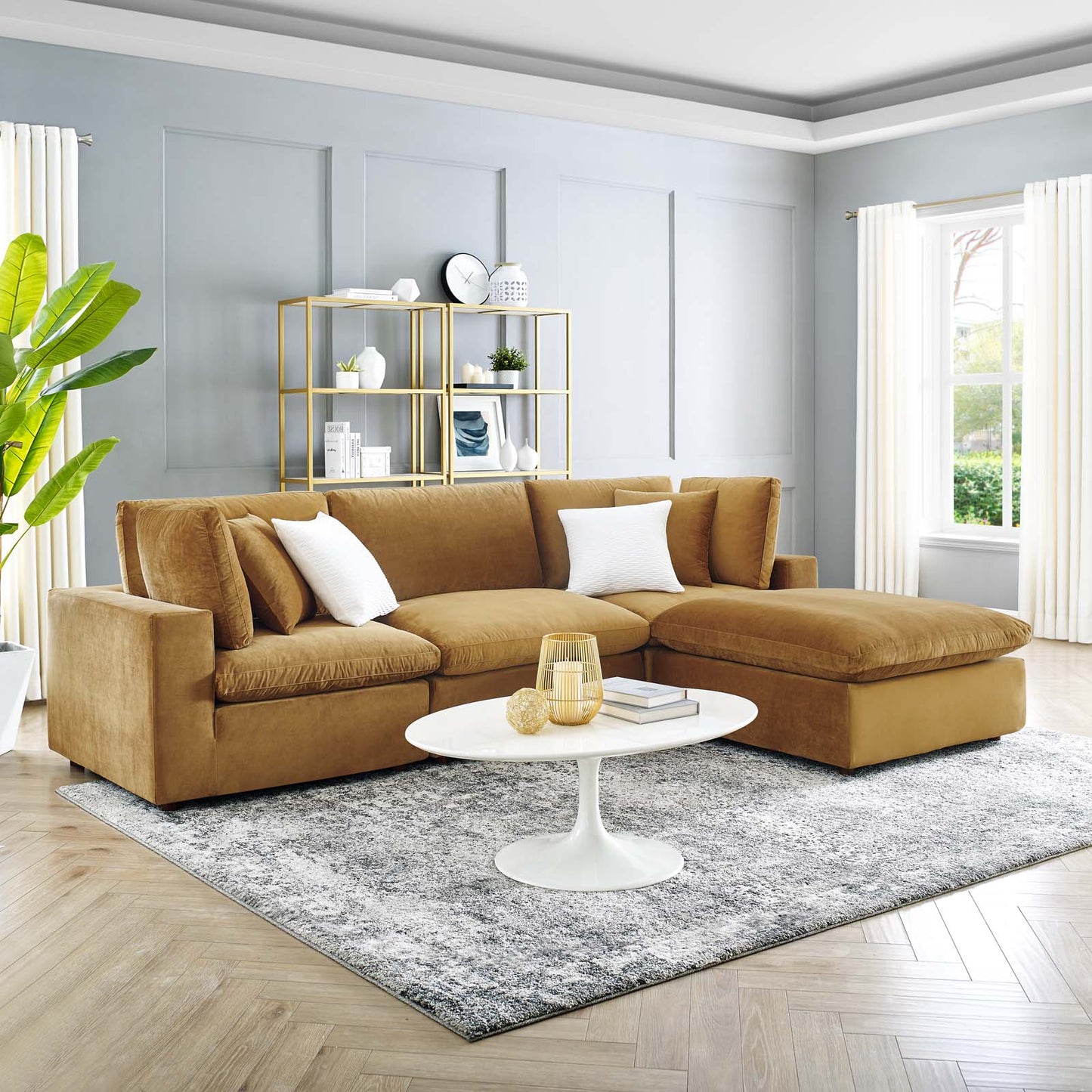 Commix Down Filled Overstuffed Performance Velvet 4-Piece Sectional Sofa, Velvet, Brown, 20573
