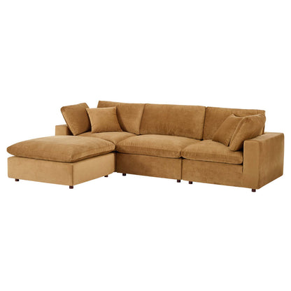 Commix Down Filled Overstuffed Performance Velvet 4-Piece Sectional Sofa, Velvet, Brown, 20573