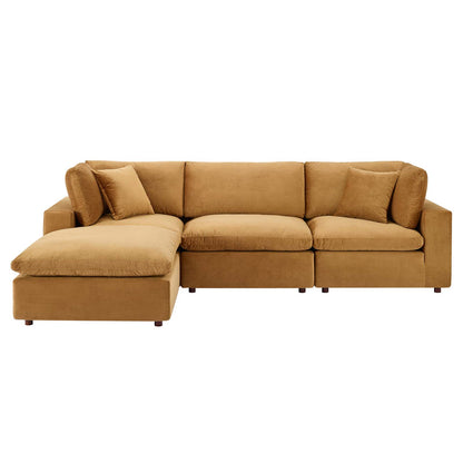 Commix Down Filled Overstuffed Performance Velvet 4-Piece Sectional Sofa, Velvet, Brown, 20573