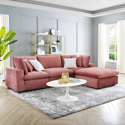 Commix Down Filled Overstuffed Performance Velvet 4-Piece Sectional Sofa, Velvet, Pink, 20574