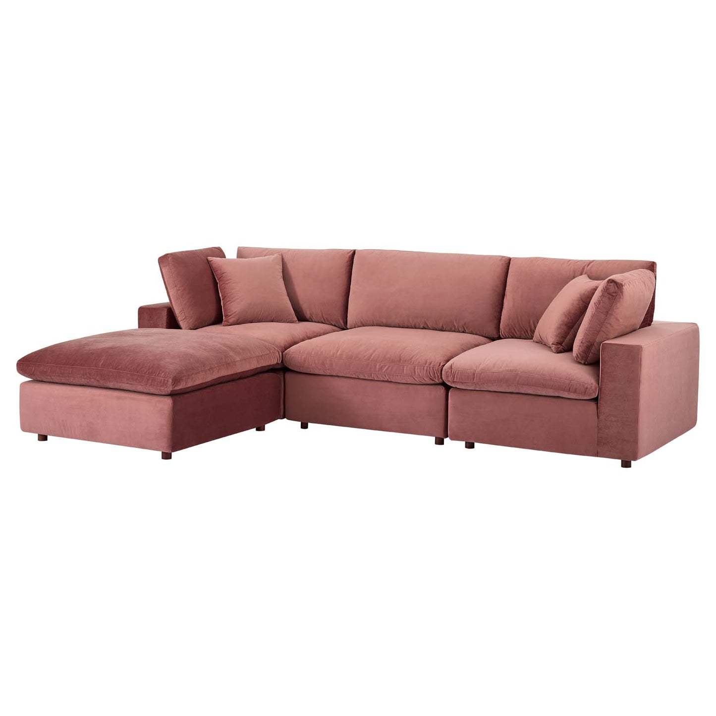 Commix Down Filled Overstuffed Performance Velvet 4-Piece Sectional Sofa, Velvet, Pink, 20574