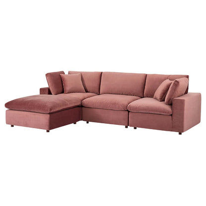 Commix Down Filled Overstuffed Performance Velvet 4-Piece Sectional Sofa, Velvet, Pink, 20574