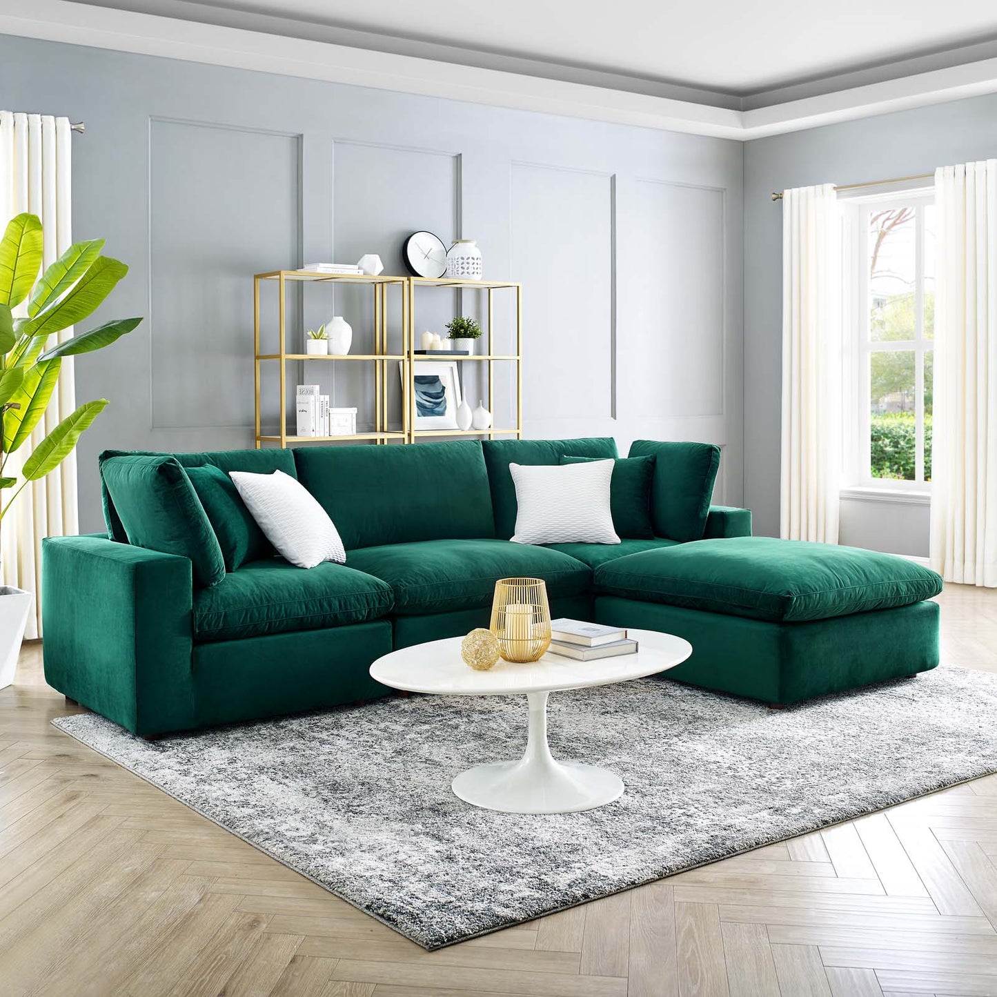 Commix Down Filled Overstuffed Performance Velvet 4-Piece Sectional Sofa, Velvet, Green, 20575