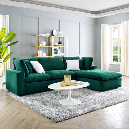 Commix Down Filled Overstuffed Performance Velvet 4-Piece Sectional Sofa, Velvet, Green, 20575
