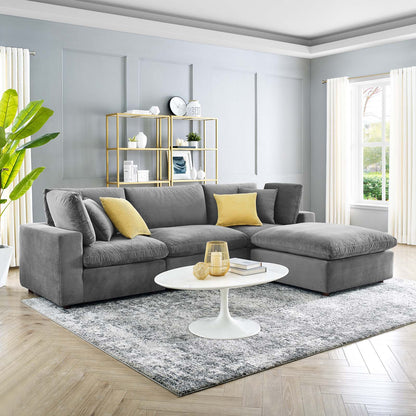 Commix Down Filled Overstuffed Performance Velvet 4-Piece Sectional Sofa, Velvet, Grey Gray, 20576