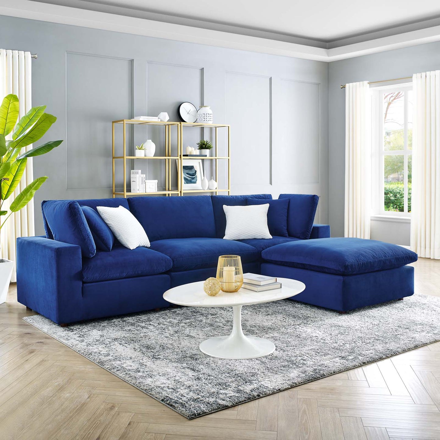 Commix Down Filled Overstuffed Performance Velvet 4-Piece Sectional Sofa, Velvet, Blue Navy, 20578