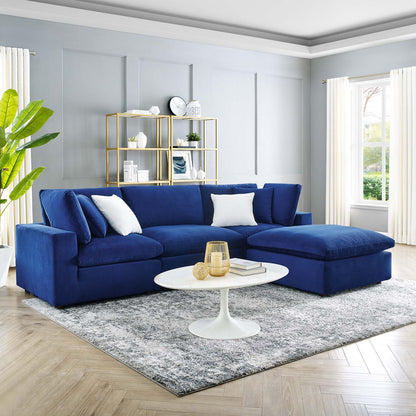 Commix Down Filled Overstuffed Performance Velvet 4-Piece Sectional Sofa, Velvet, Blue Navy, 20578