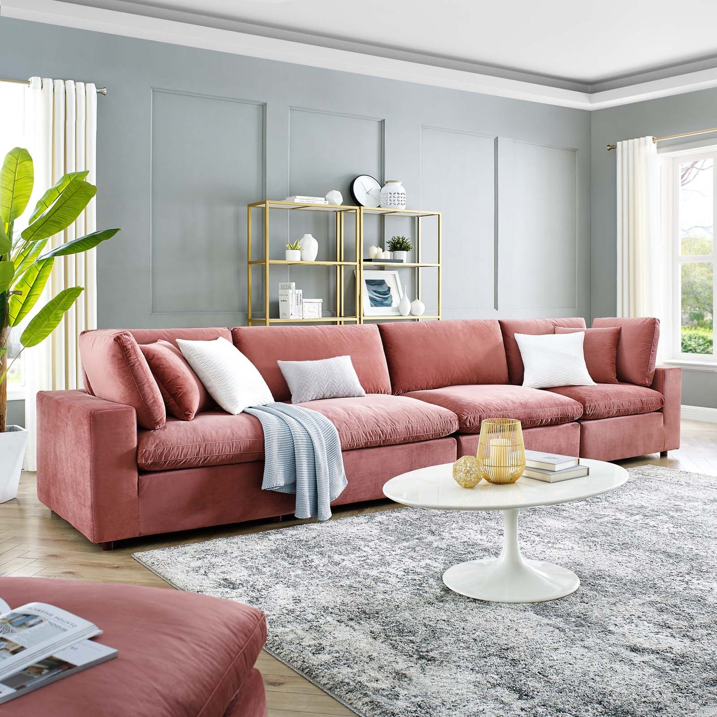 Commix Down Filled Overstuffed Performance Velvet 4-Seater Sofa, Velvet, Pink, 20581