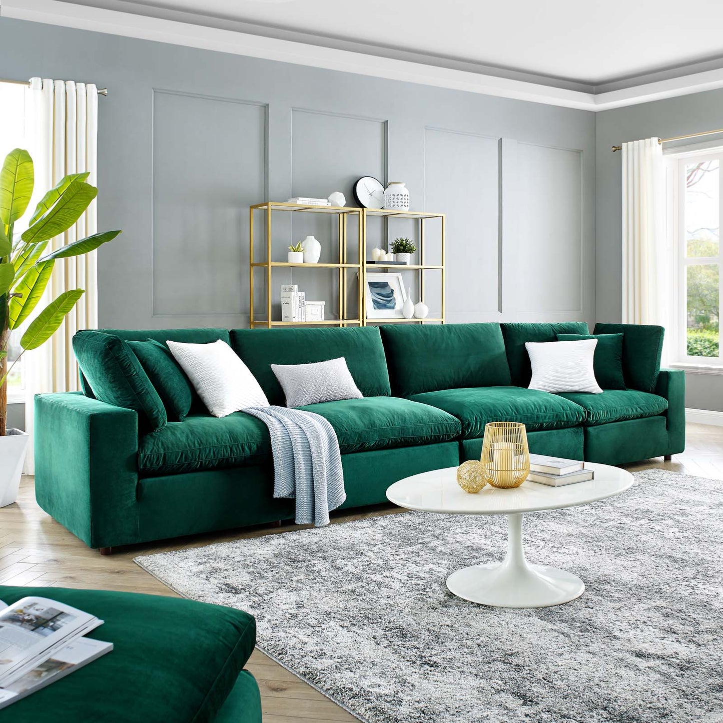 Commix Down Filled Overstuffed Performance Velvet 4-Seater Sofa, Velvet, Green, 20582