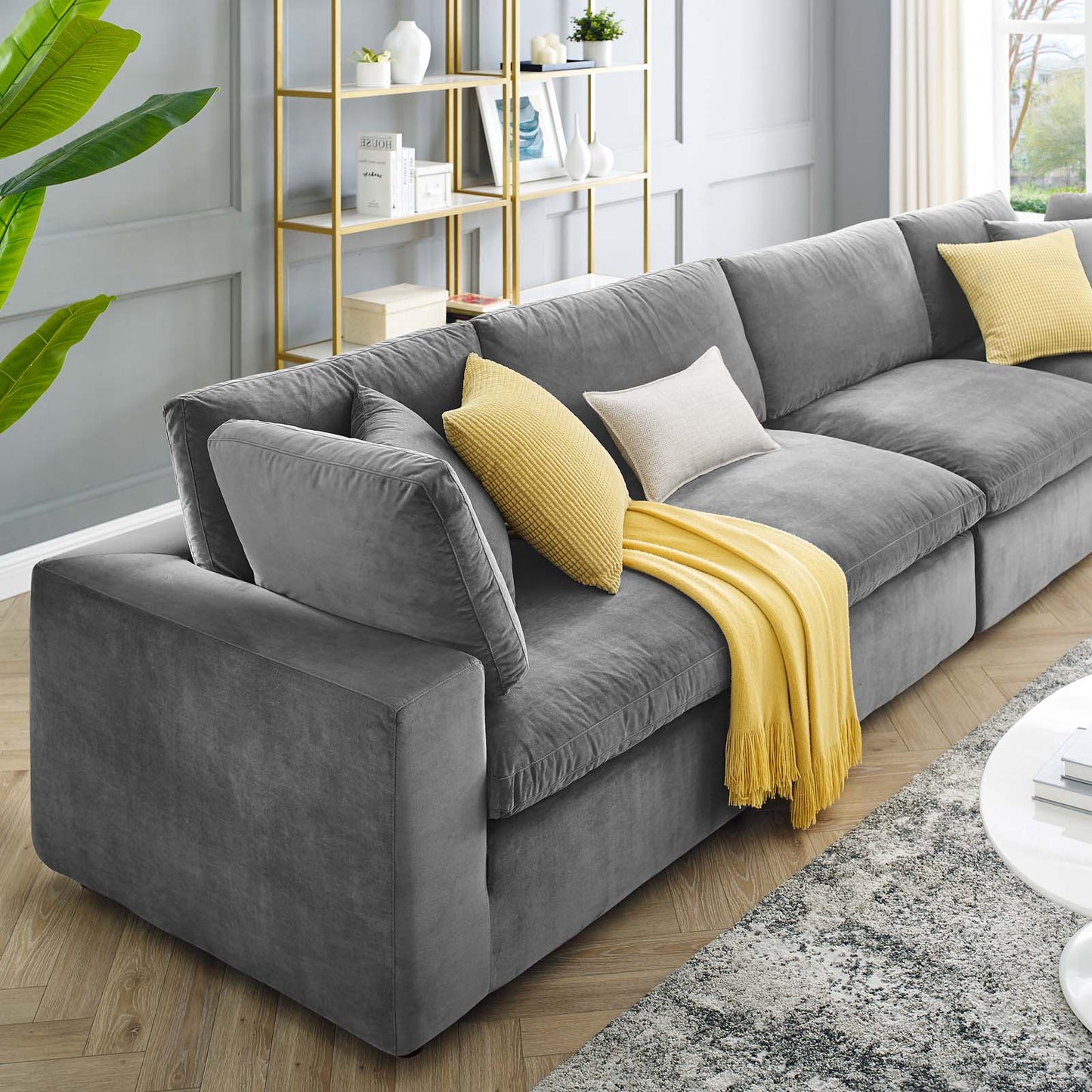 Commix Down Filled Overstuffed Performance Velvet 4-Seater Sofa, Velvet, Grey Gray, 20583