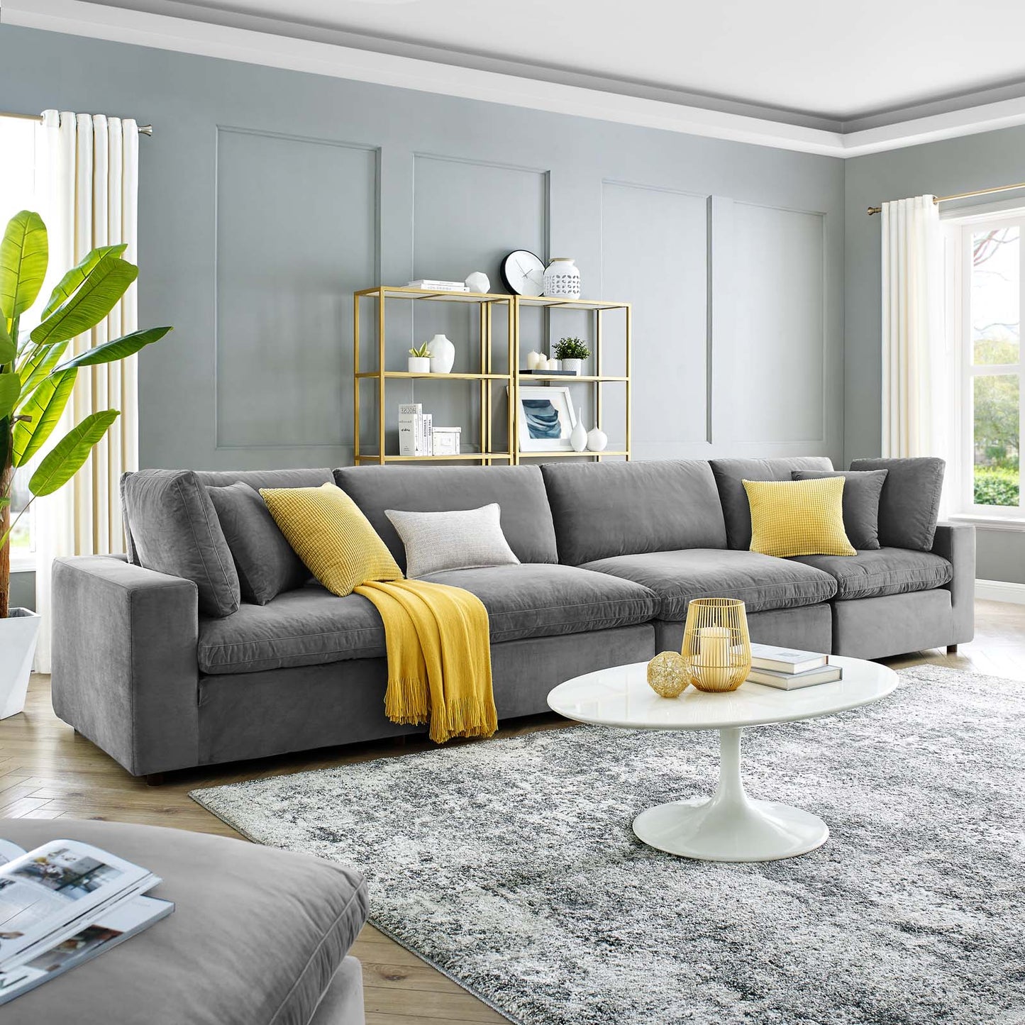 Commix Down Filled Overstuffed Performance Velvet 4-Seater Sofa, Velvet, Grey Gray, 20583