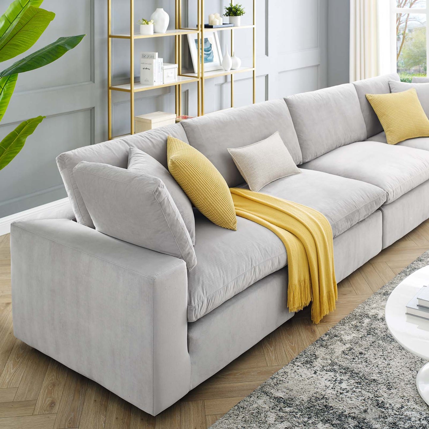 Commix Down Filled Overstuffed Performance Velvet 4-Seater Sofa, Velvet, Light Grey Gray, 20584