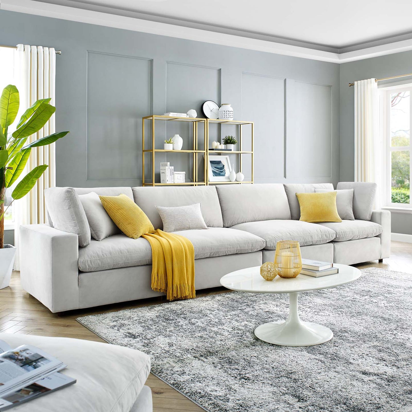 Commix Down Filled Overstuffed Performance Velvet 4-Seater Sofa, Velvet, Light Grey Gray, 20584