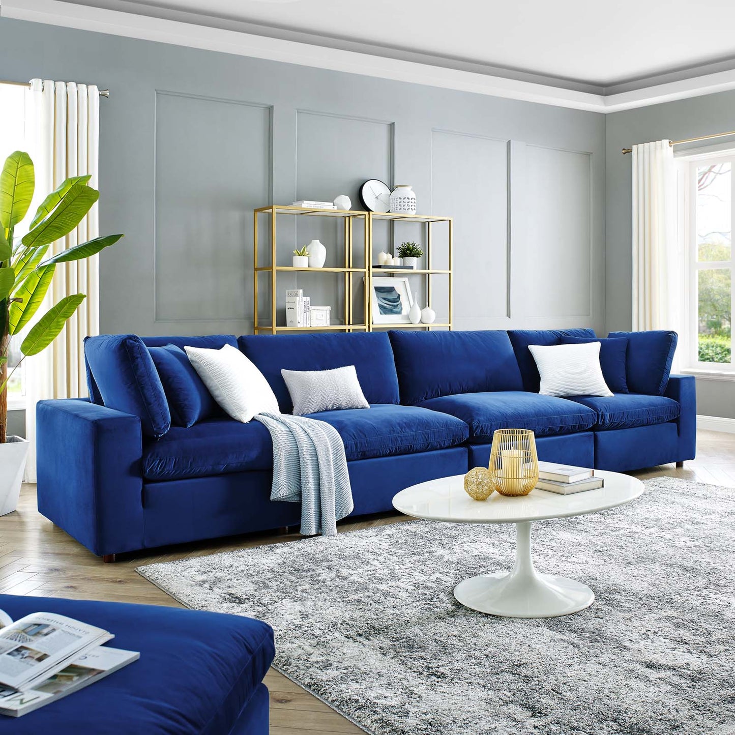 Commix Down Filled Overstuffed Performance Velvet 4-Seater Sofa, Velvet, Blue Navy, 20585