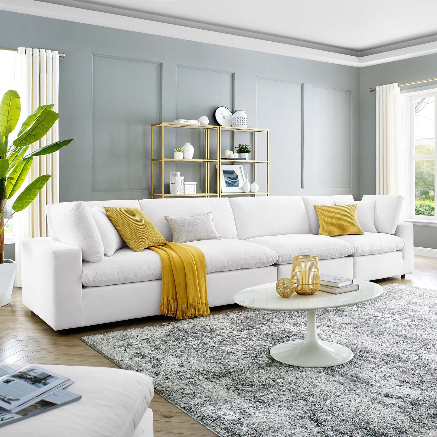 Commix Down Filled Overstuffed Performance Velvet 4-Seater Sofa, Velvet, White, 20586