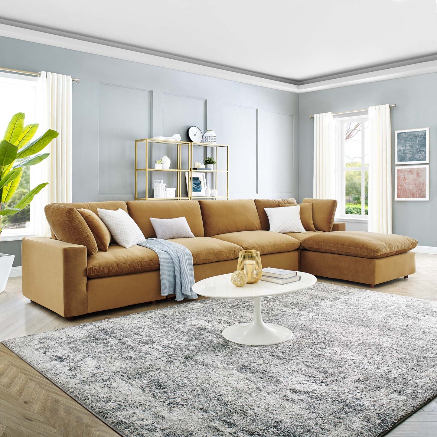 Commix Down Filled Overstuffed Performance Velvet 5-Piece Sectional Sofa, Velvet, Brown, 20587