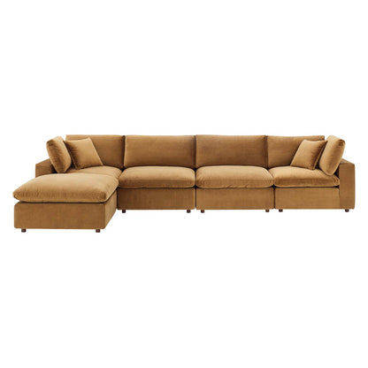 Commix Down Filled Overstuffed Performance Velvet 5-Piece Sectional Sofa, Velvet, Brown, 20587