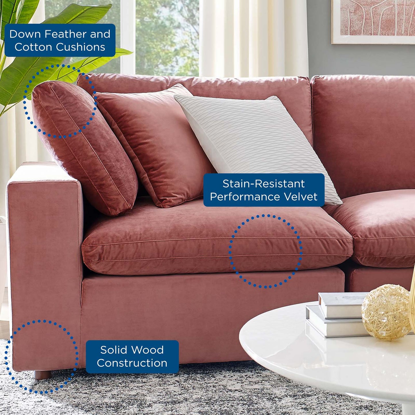 Commix Down Filled Overstuffed Performance Velvet 5-Piece Sectional Sofa, Velvet, Pink, 20588