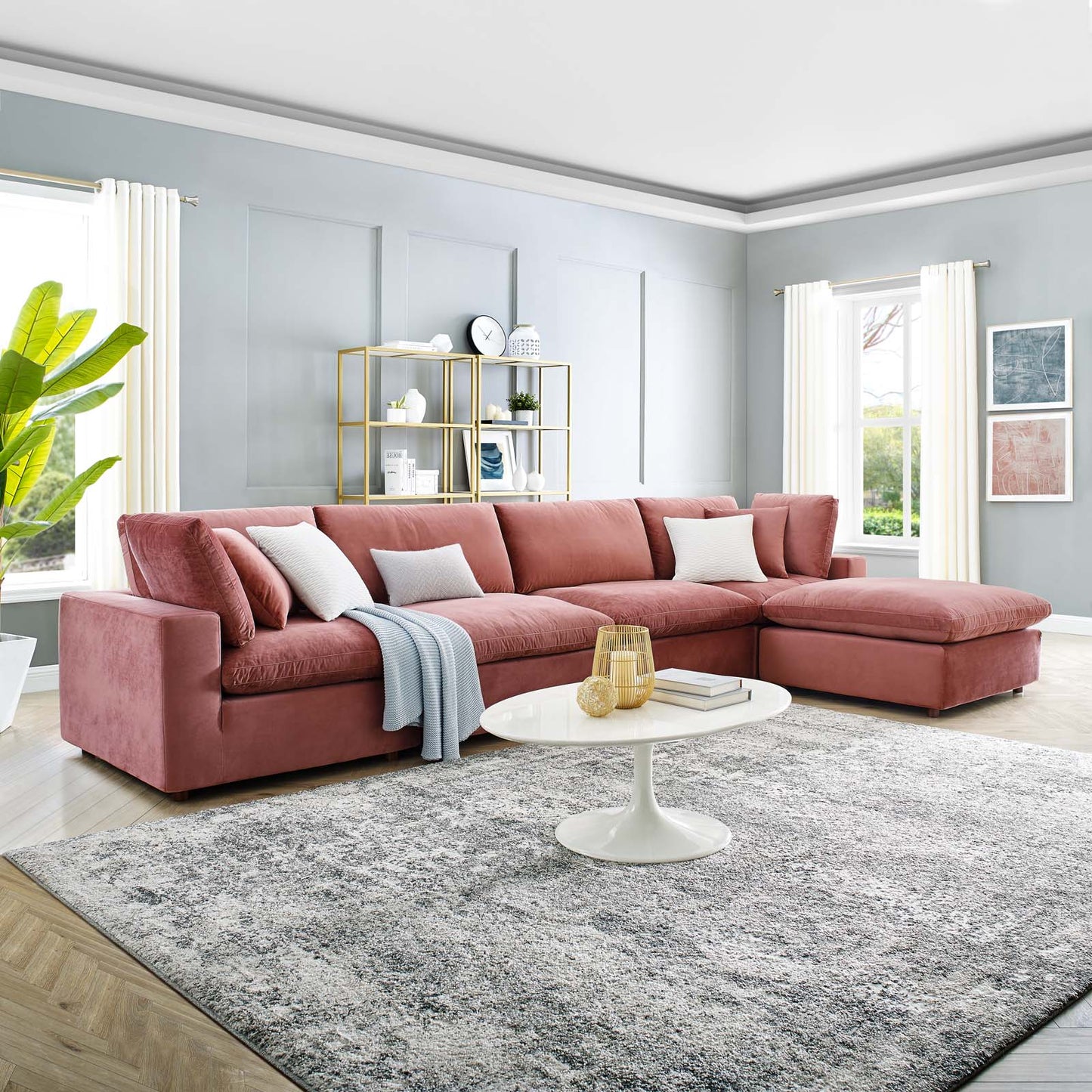 Commix Down Filled Overstuffed Performance Velvet 5-Piece Sectional Sofa, Velvet, Pink, 20588
