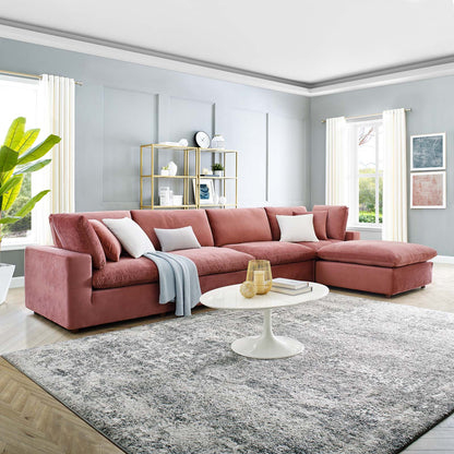 Commix Down Filled Overstuffed Performance Velvet 5-Piece Sectional Sofa, Velvet, Pink, 20588