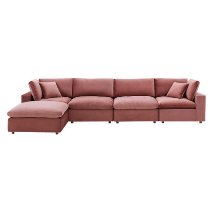 Commix Down Filled Overstuffed Performance Velvet 5-Piece Sectional Sofa, Velvet, Pink, 20588