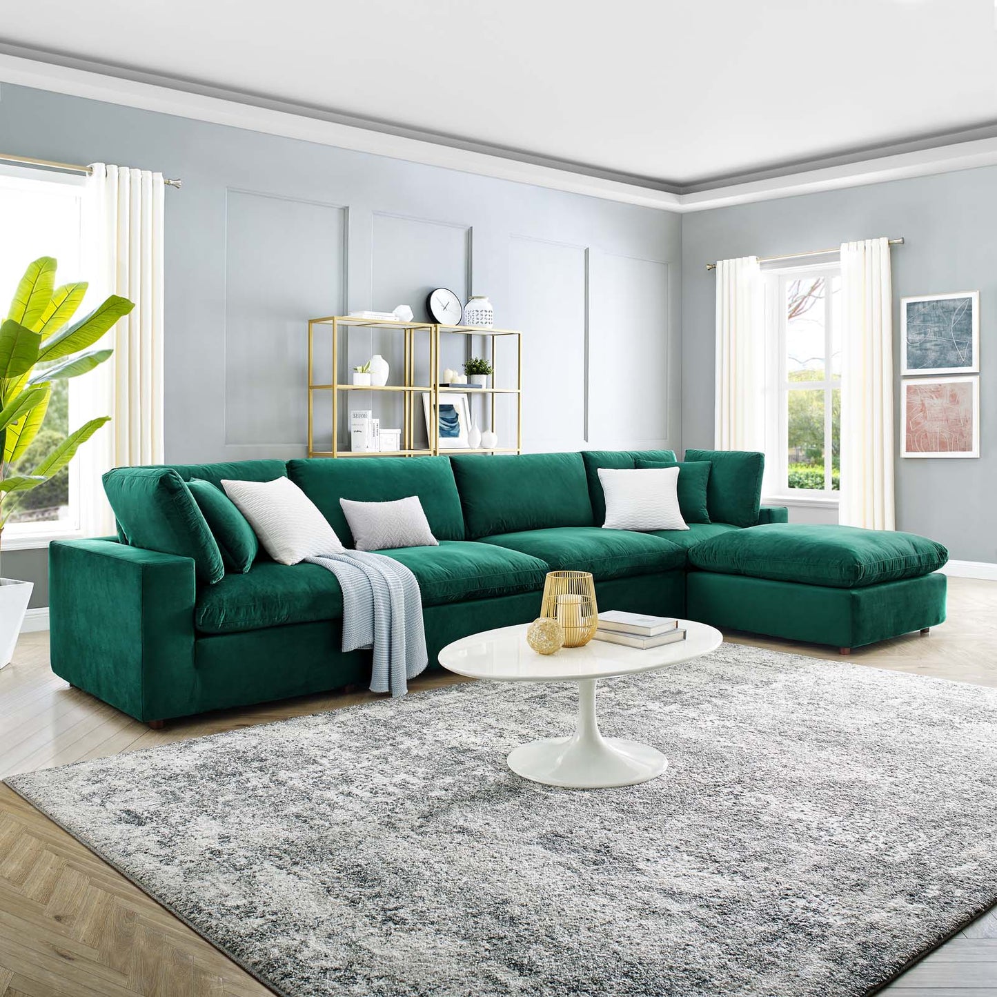 Commix Down Filled Overstuffed Performance Velvet 5-Piece Sectional Sofa, Velvet, Green, 20589