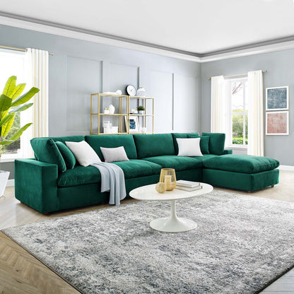 Commix Down Filled Overstuffed Performance Velvet 5-Piece Sectional Sofa, Velvet, Green, 20589