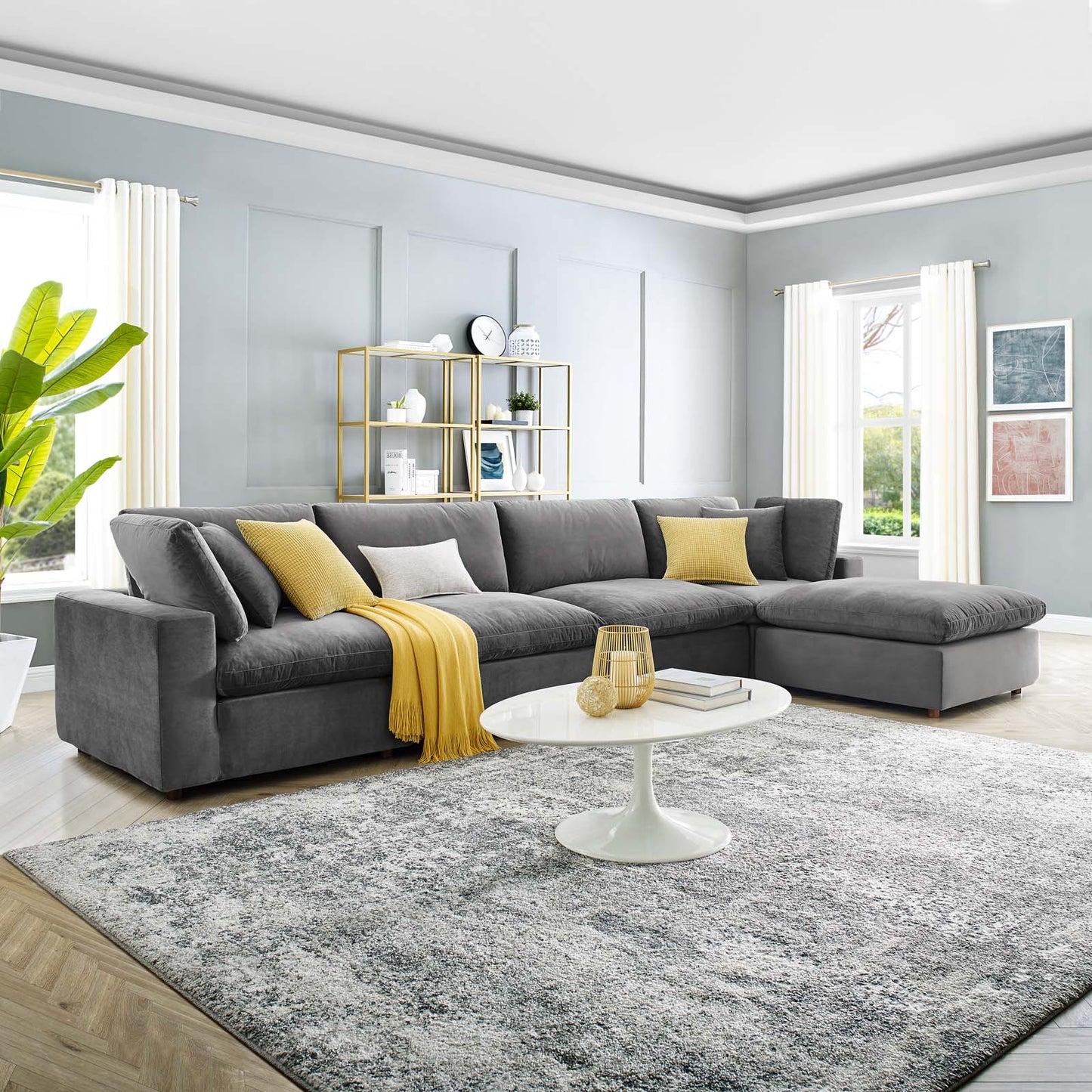 Commix Down Filled Overstuffed Performance Velvet 5-Piece Sectional Sofa, Velvet, Grey Gray, 20590