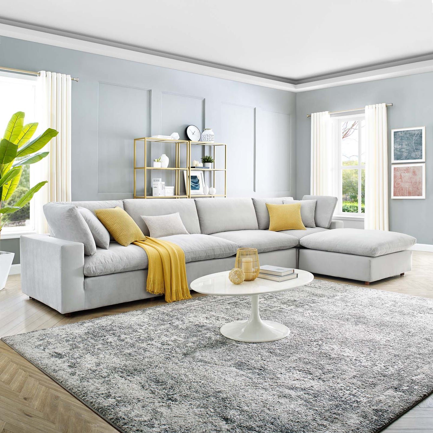 Commix Down Filled Overstuffed Performance Velvet 5-Piece Sectional Sofa, Velvet, Light Grey Gray, 20591