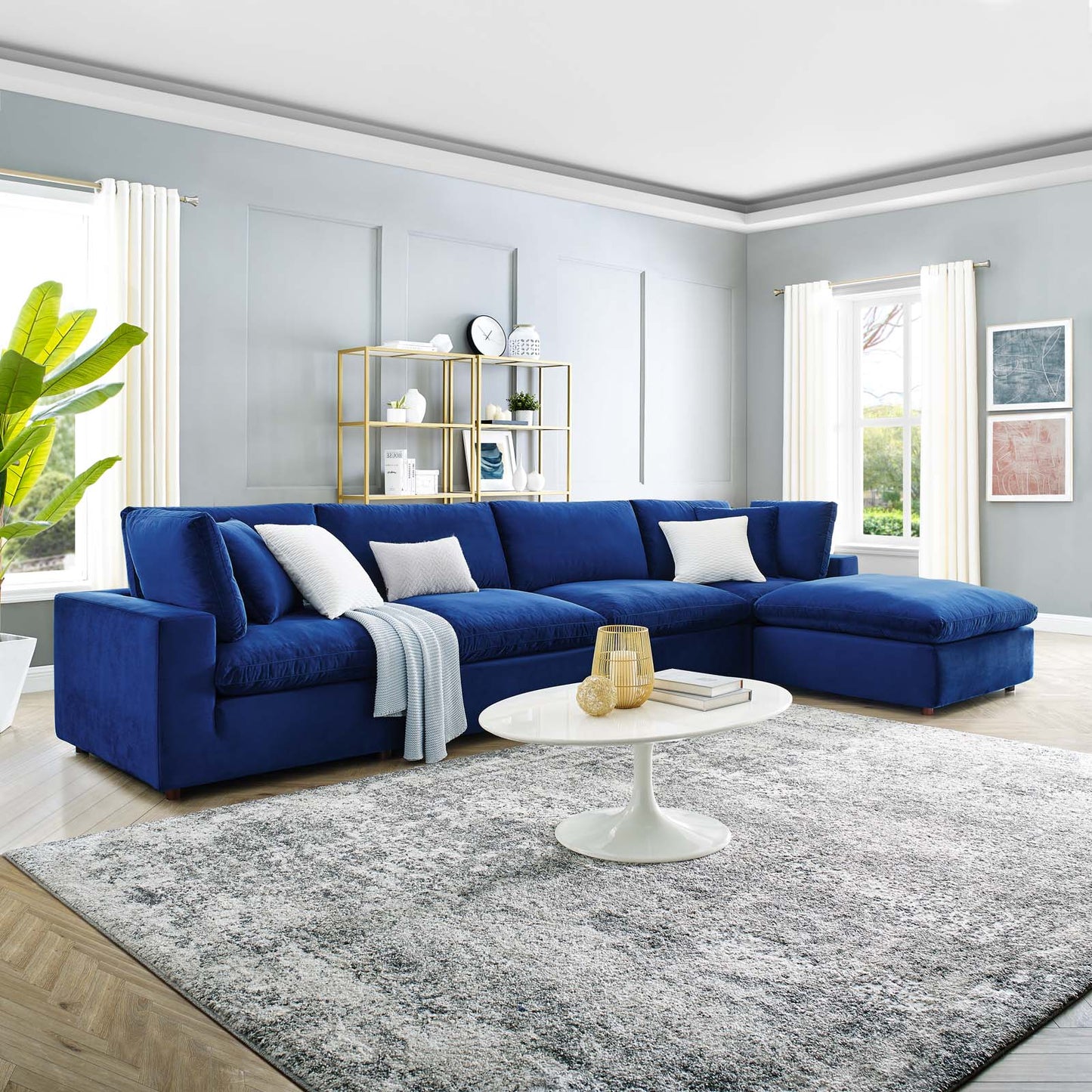 Commix Down Filled Overstuffed Performance Velvet 5-Piece Sectional Sofa, Velvet, Blue Navy, 20592